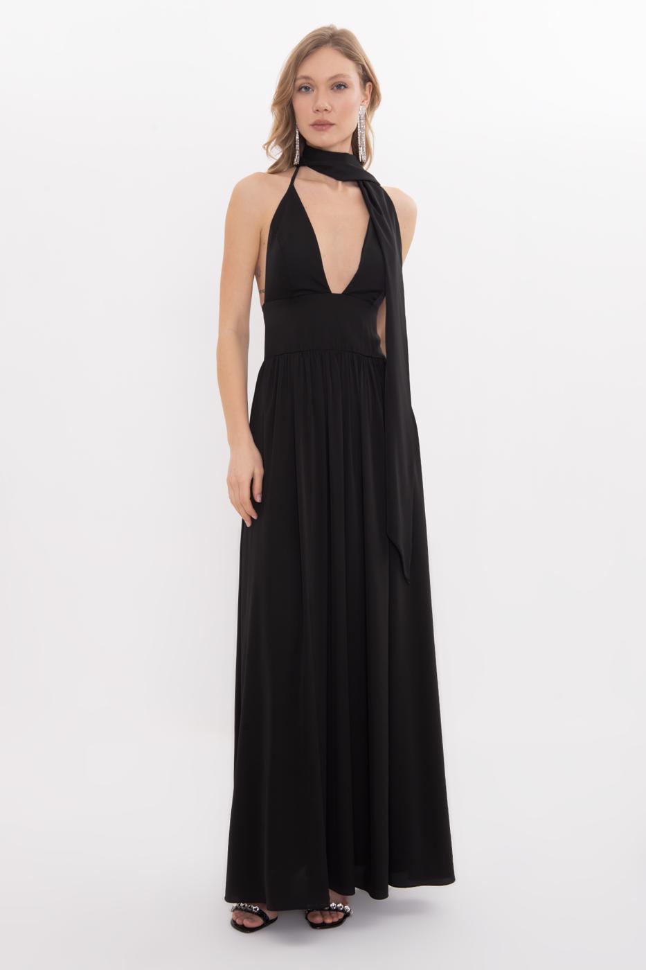 Strappy Scarf Detailed Maxi Satin Dress Black