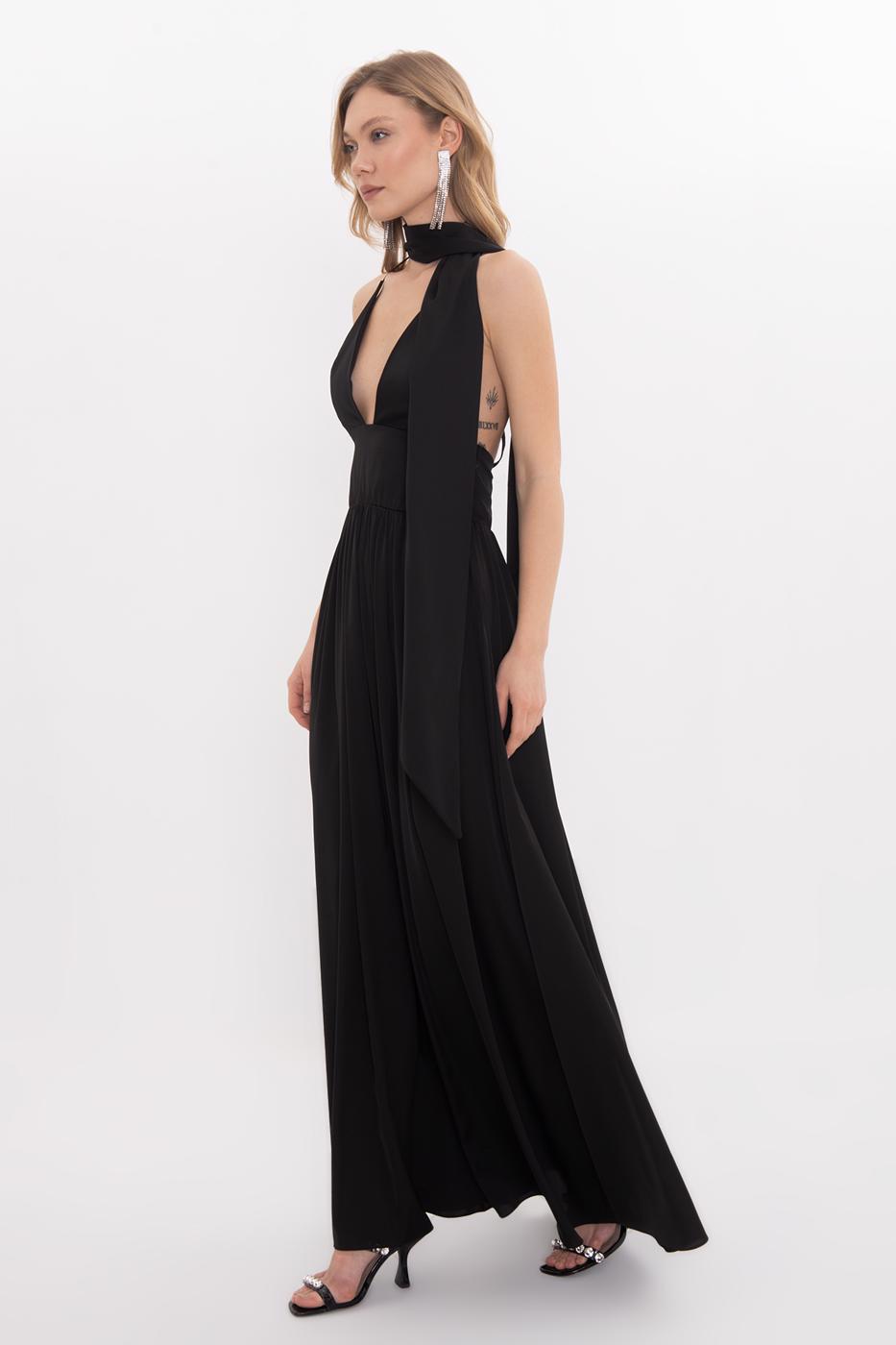 Strappy Scarf Detailed Maxi Satin Dress Black