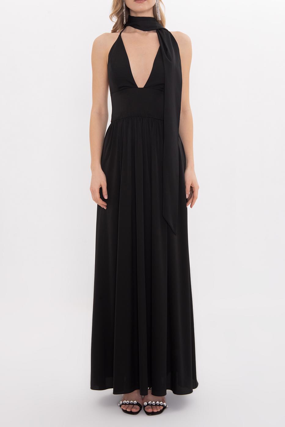 Strappy Scarf Detailed Maxi Satin Dress Black