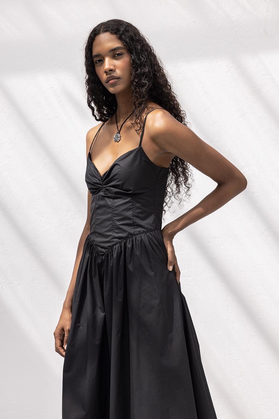 Strappy Bodice Midi Dress Black