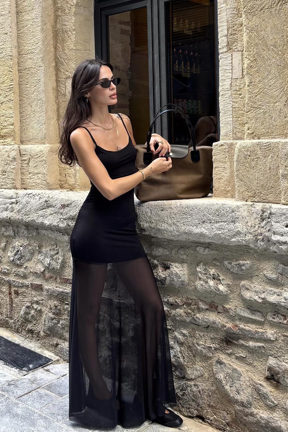 Strapless Maxi Tulle Detail Dress Black