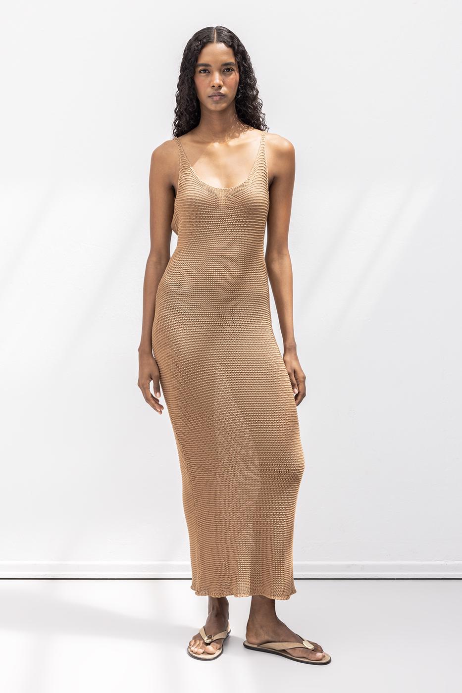 Strappy Knitted Midi Dress Mılk coffee