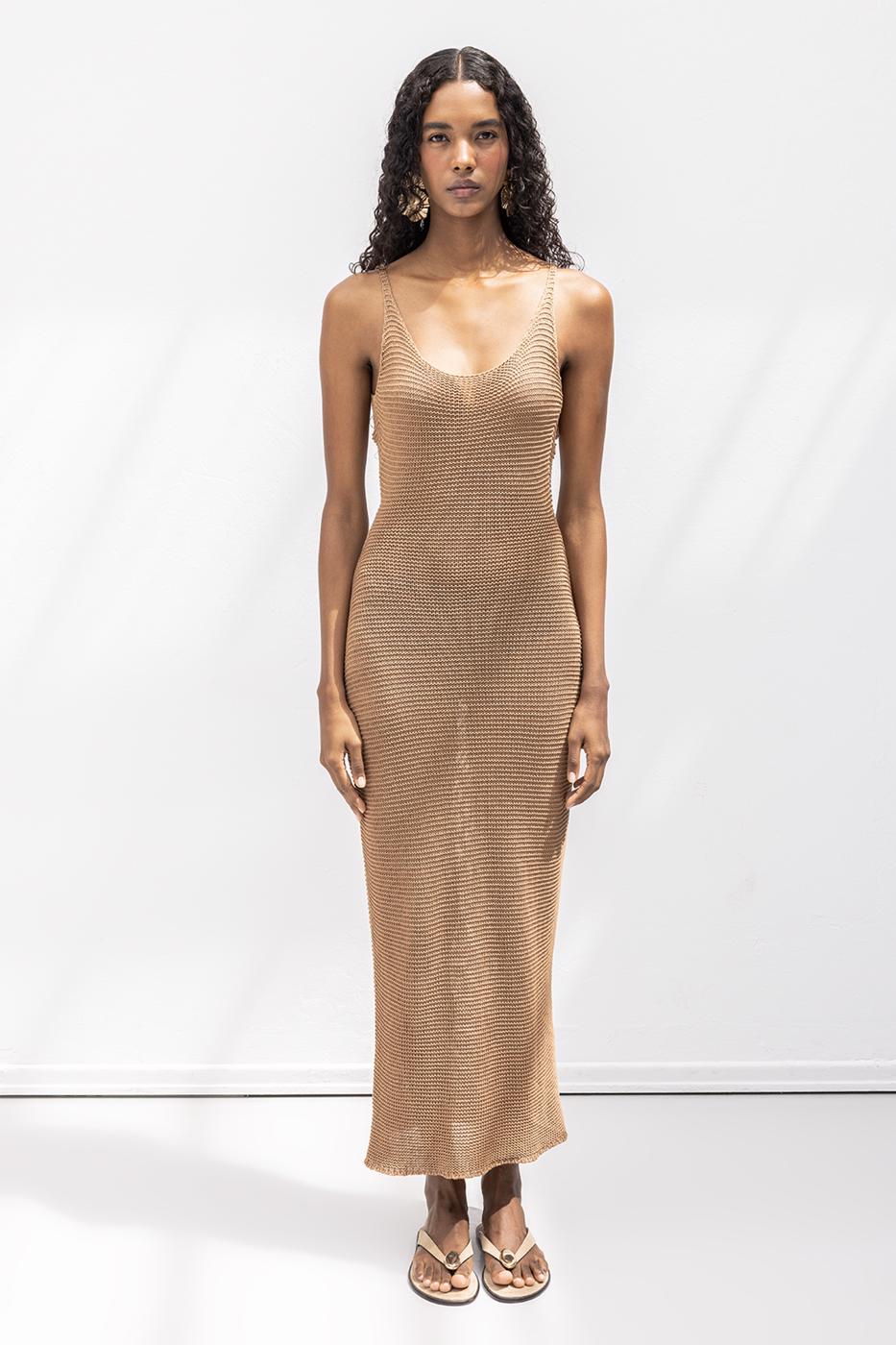 Strappy Knitted Midi Dress Mılk coffee