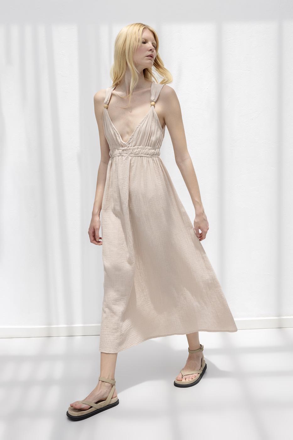 Strappy V-Neck Cotton Midi Dress Beige