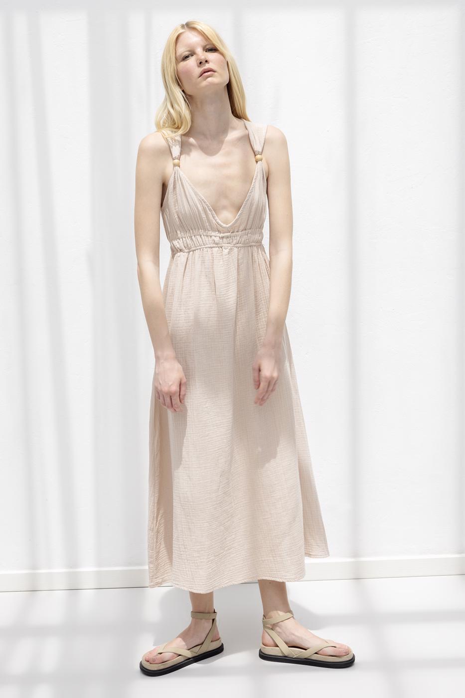Strappy V-Neck Cotton Midi Dress Beige