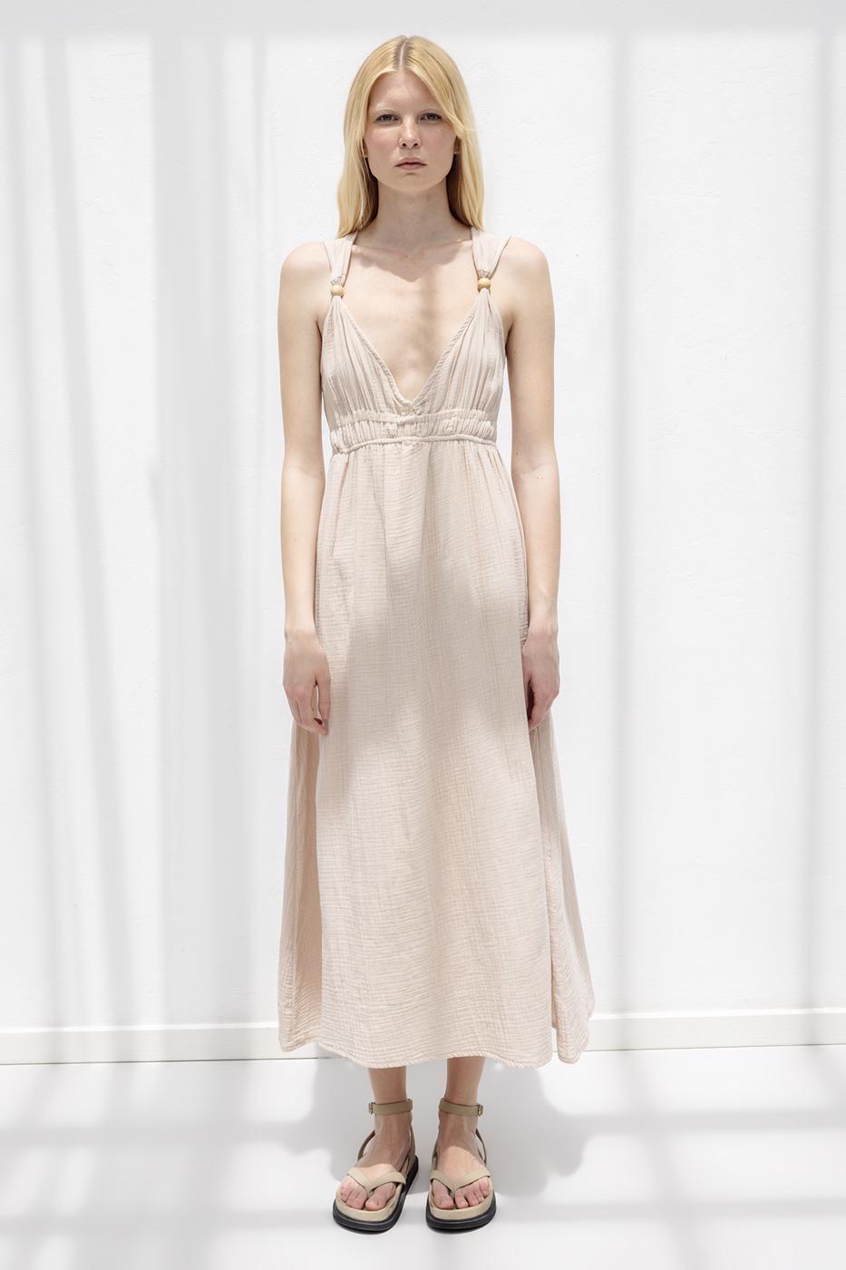 Strappy V-Neck Cotton Midi Dress Beige