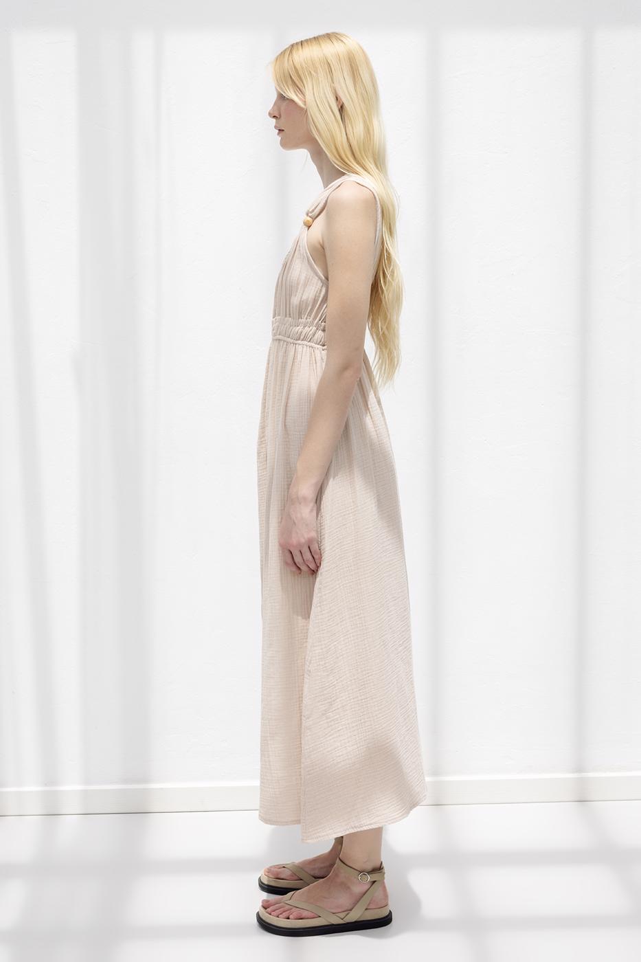 Strappy V-Neck Cotton Midi Dress Beige