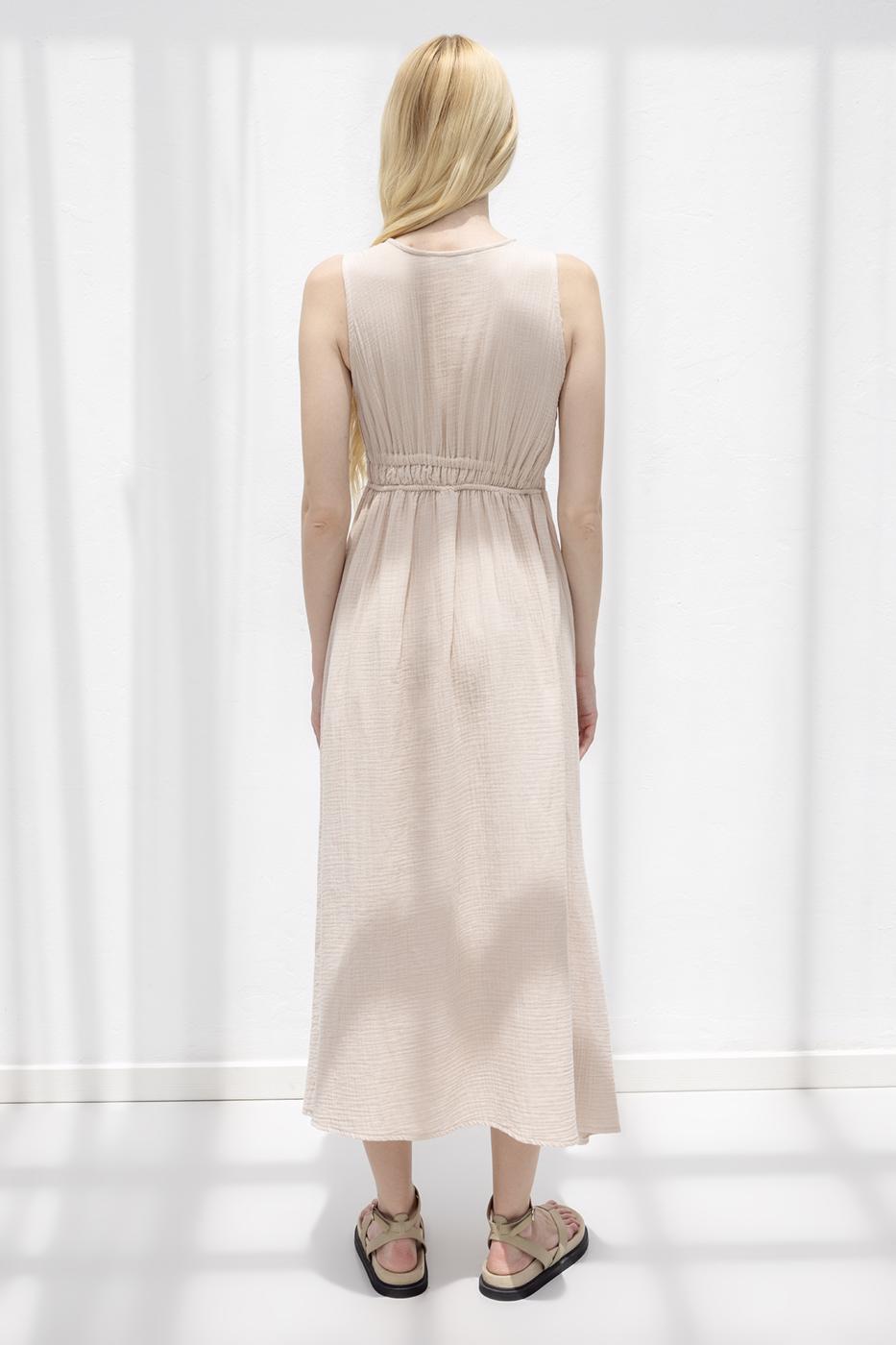 Strappy V-Neck Cotton Midi Dress Beige