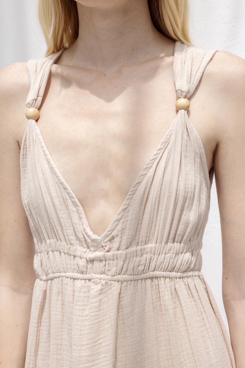 Strappy V-Neck Cotton Midi Dress Beige
