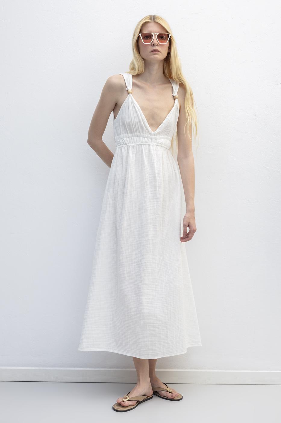 Strappy V-Neck Cotton Midi Dress White