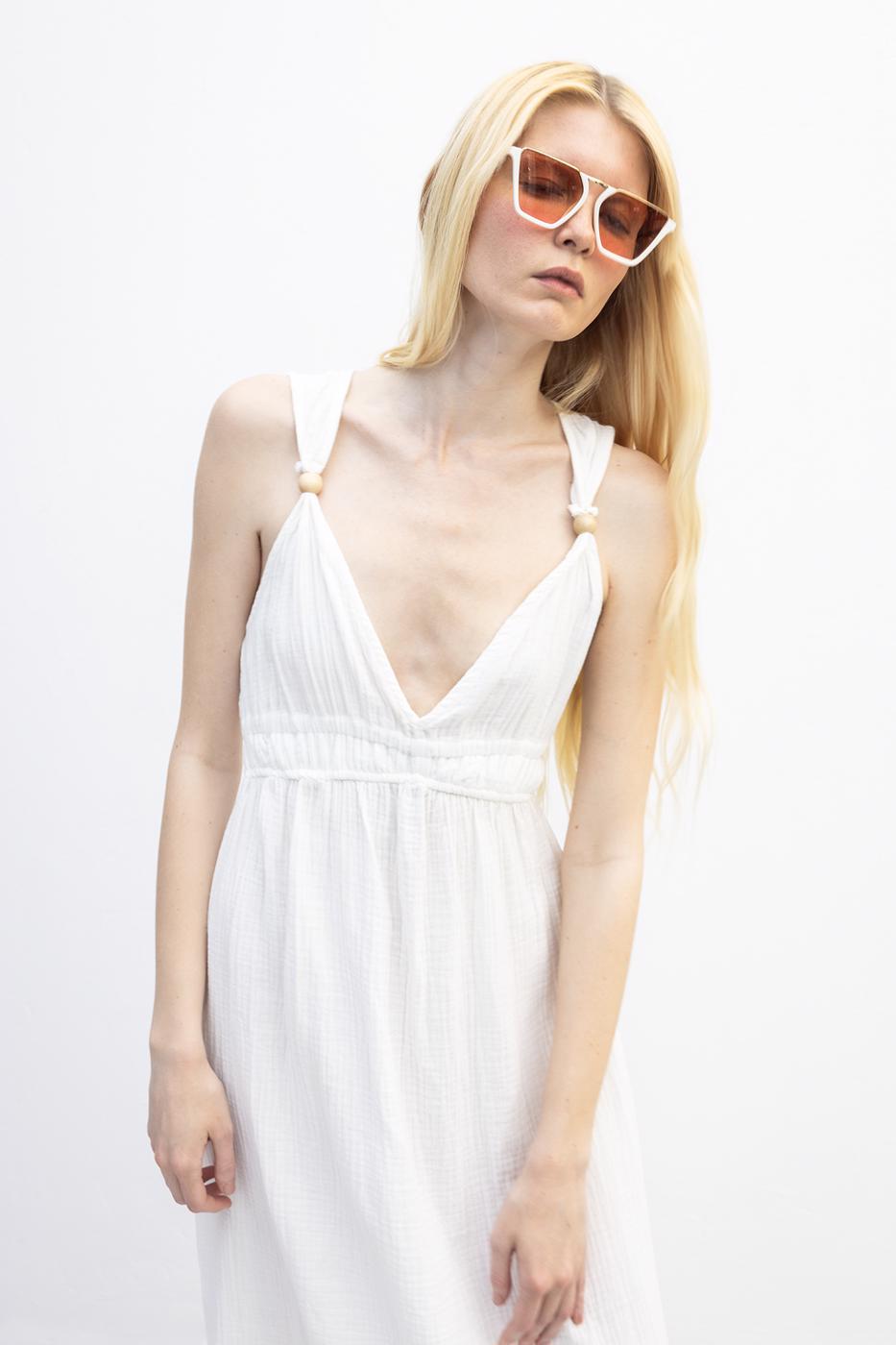 Strappy V-Neck Cotton Midi Dress White