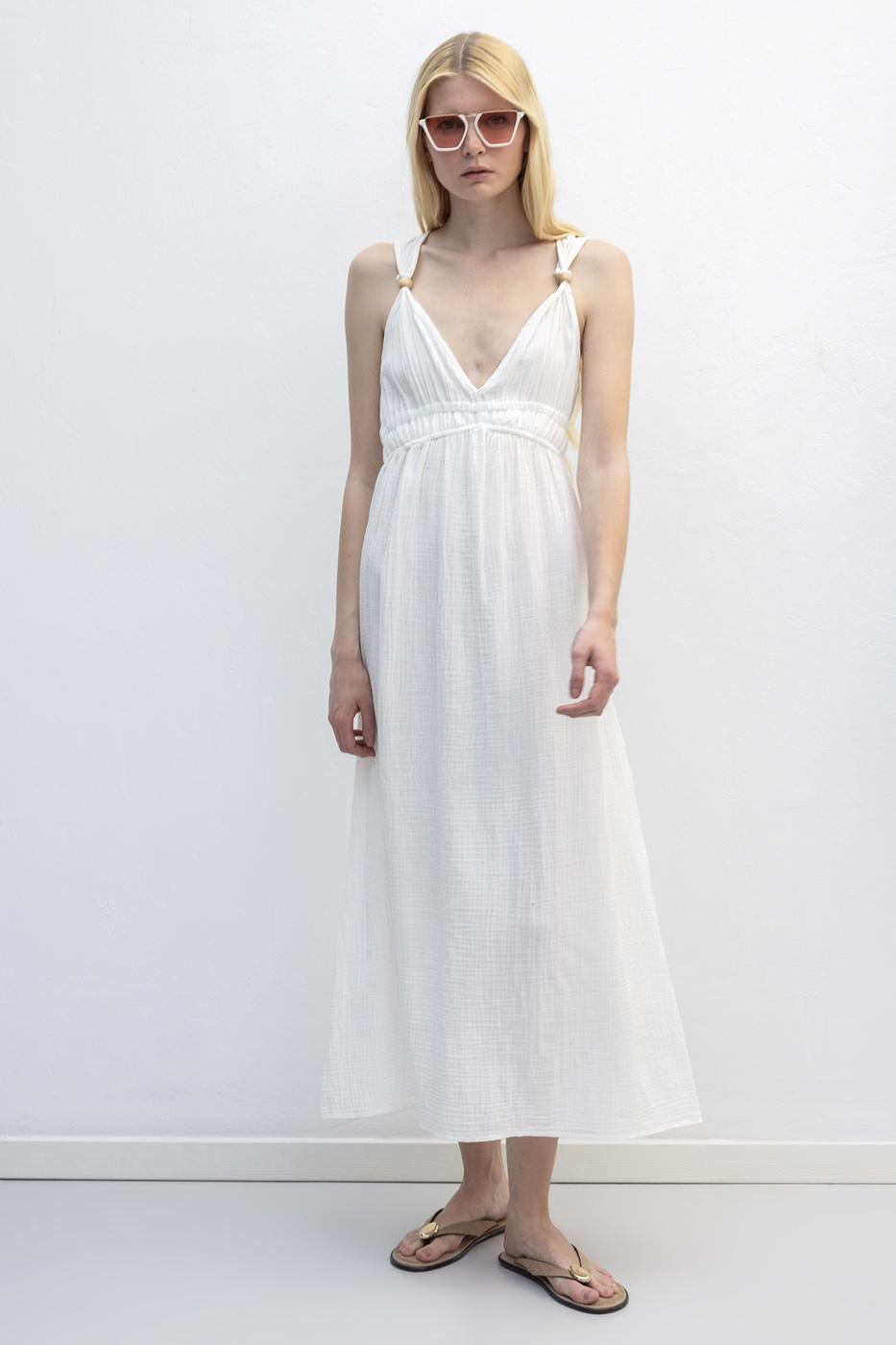 Strappy V-Neck Cotton Midi Dress White