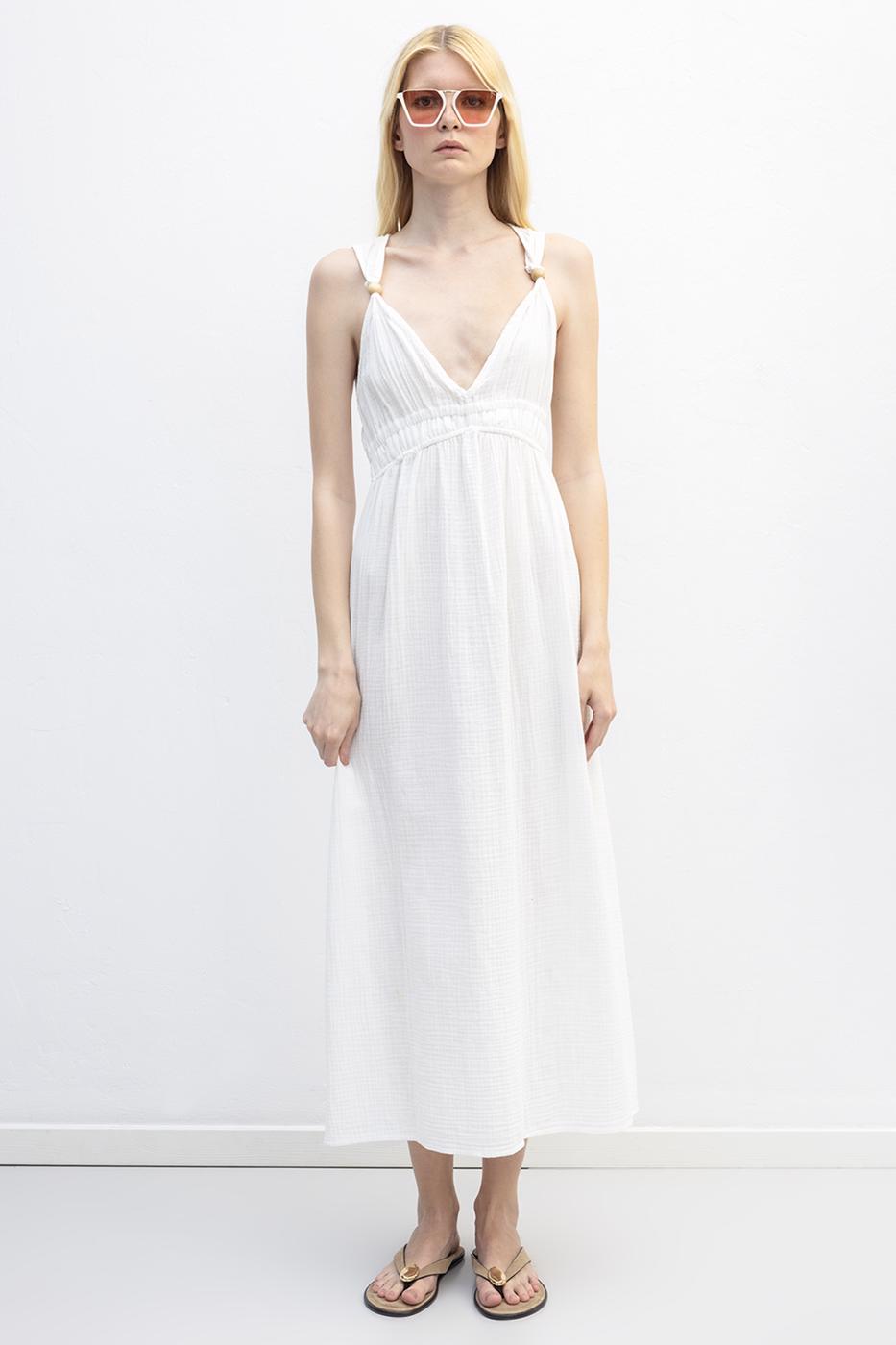Strappy V-Neck Cotton Midi Dress White
