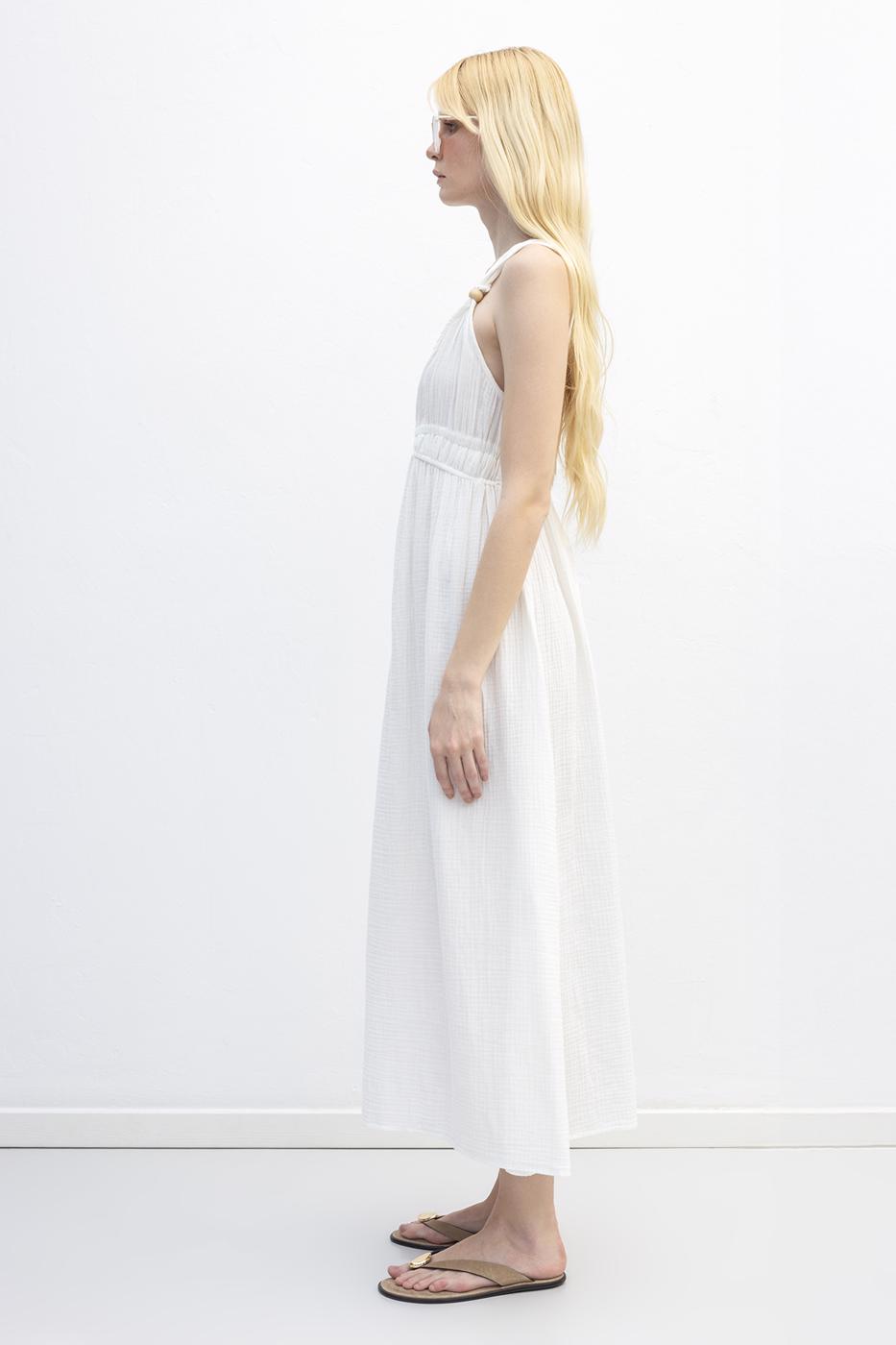 Strappy V-Neck Cotton Midi Dress White
