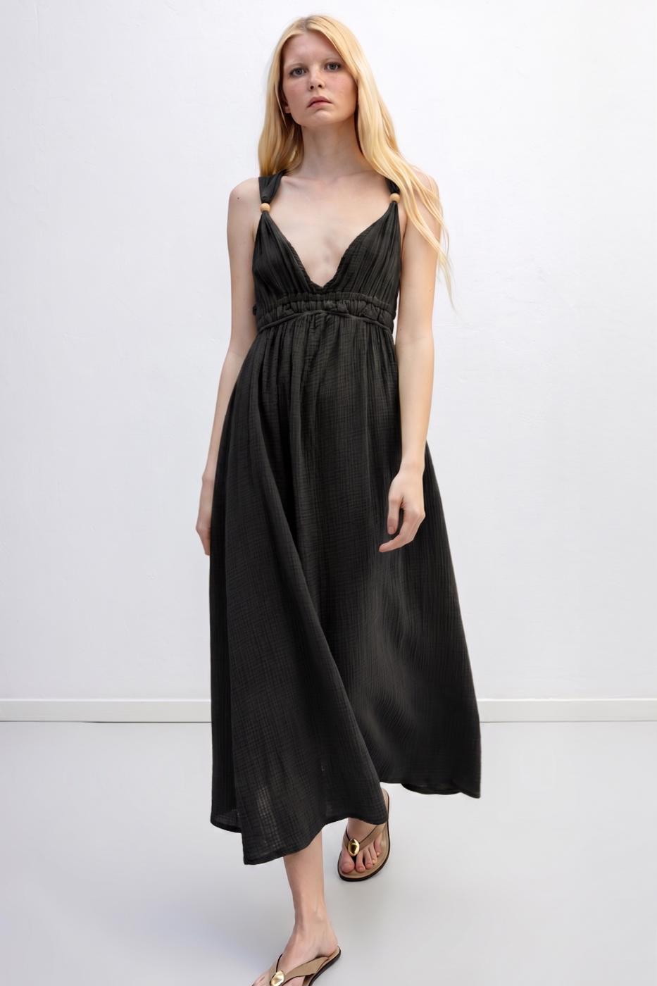 Strappy V-Neck Cotton Midi Dress Black