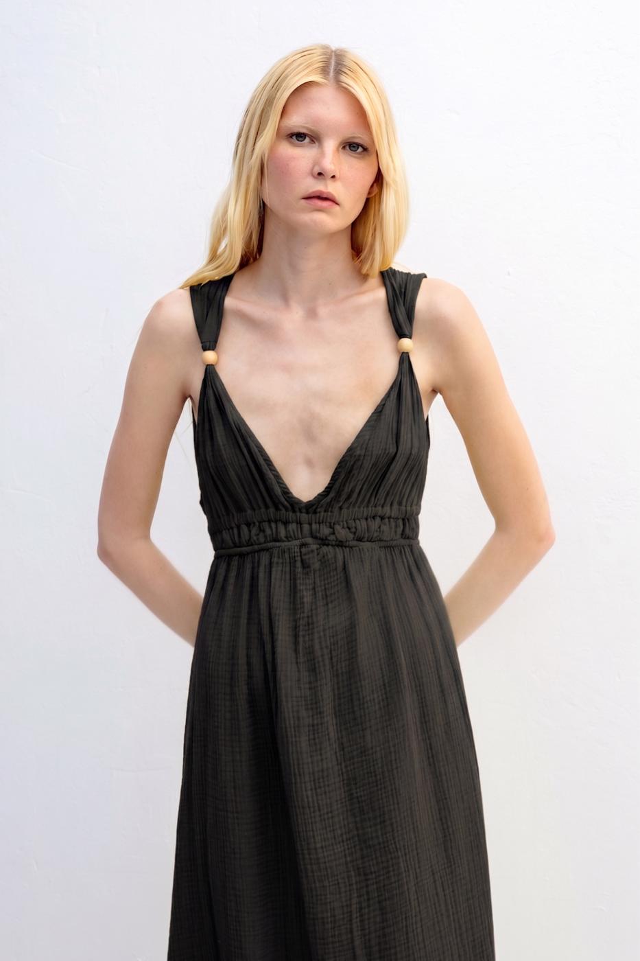 Strappy V-Neck Cotton Midi Dress Black