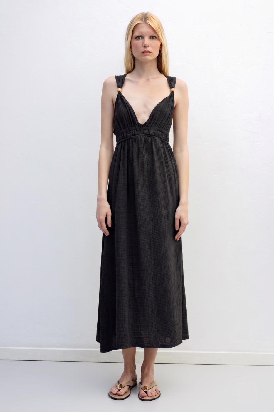 Strappy V-Neck Cotton Midi Dress Black