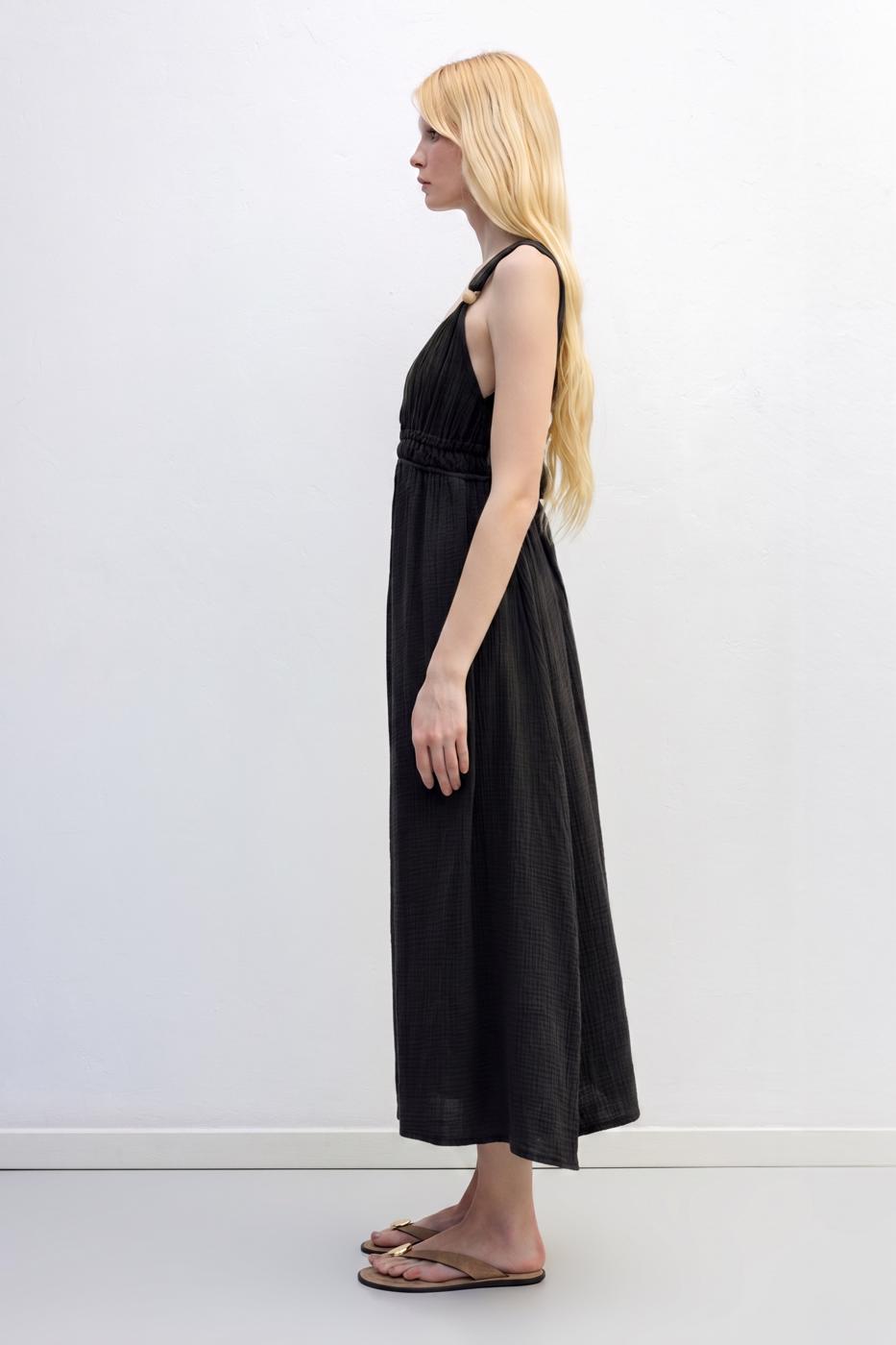 Strappy V-Neck Cotton Midi Dress Black