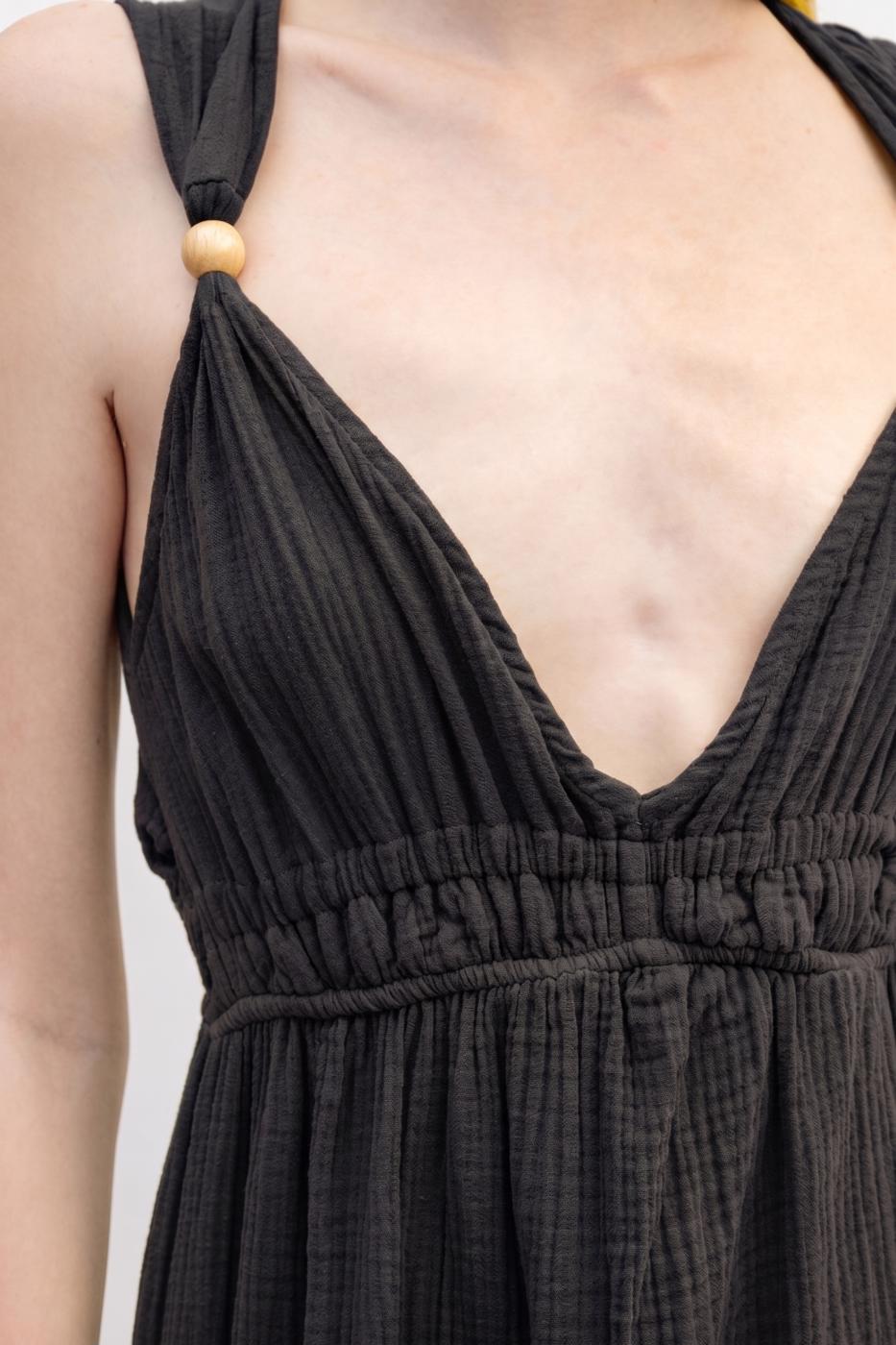 Strappy V-Neck Cotton Midi Dress Black