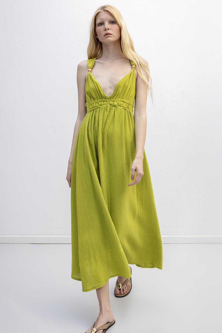 Strappy V-Neck Cotton Midi Dress Olive