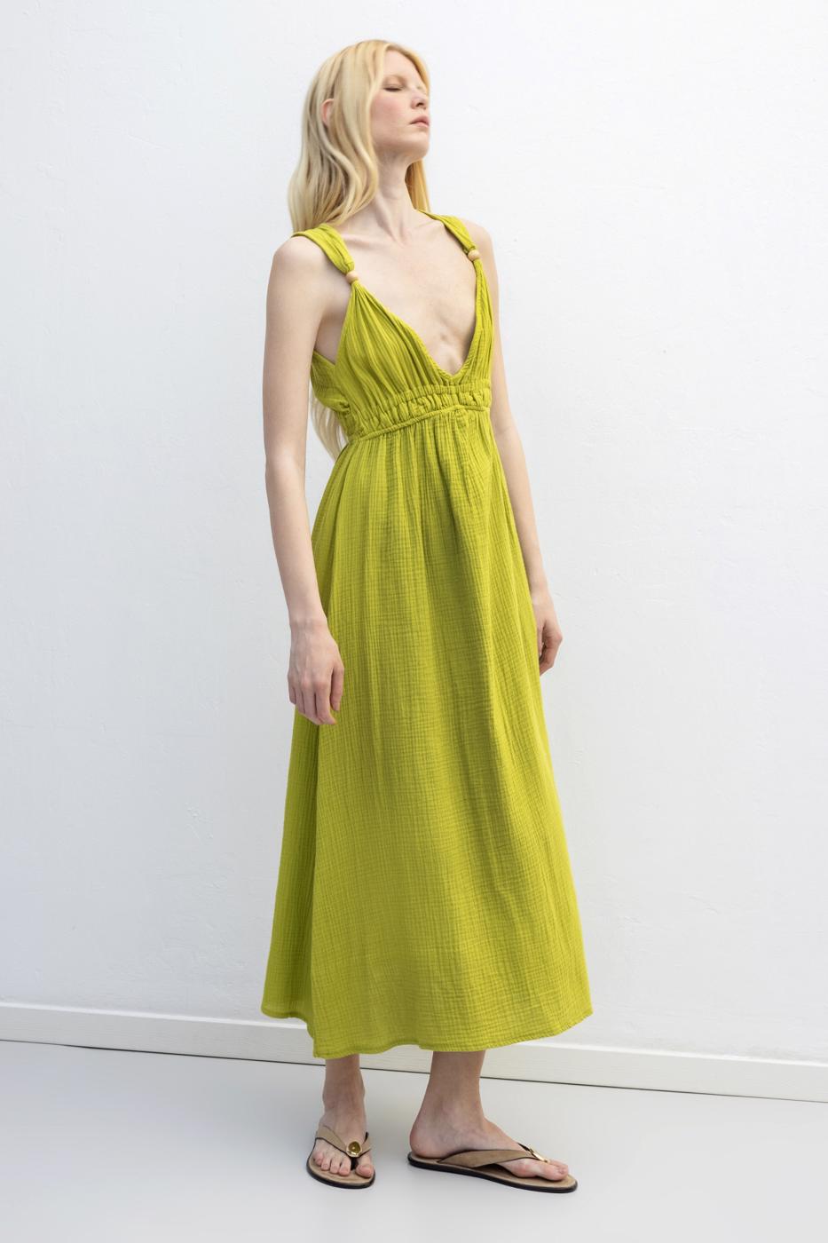 Strappy V-Neck Cotton Midi Dress Olive