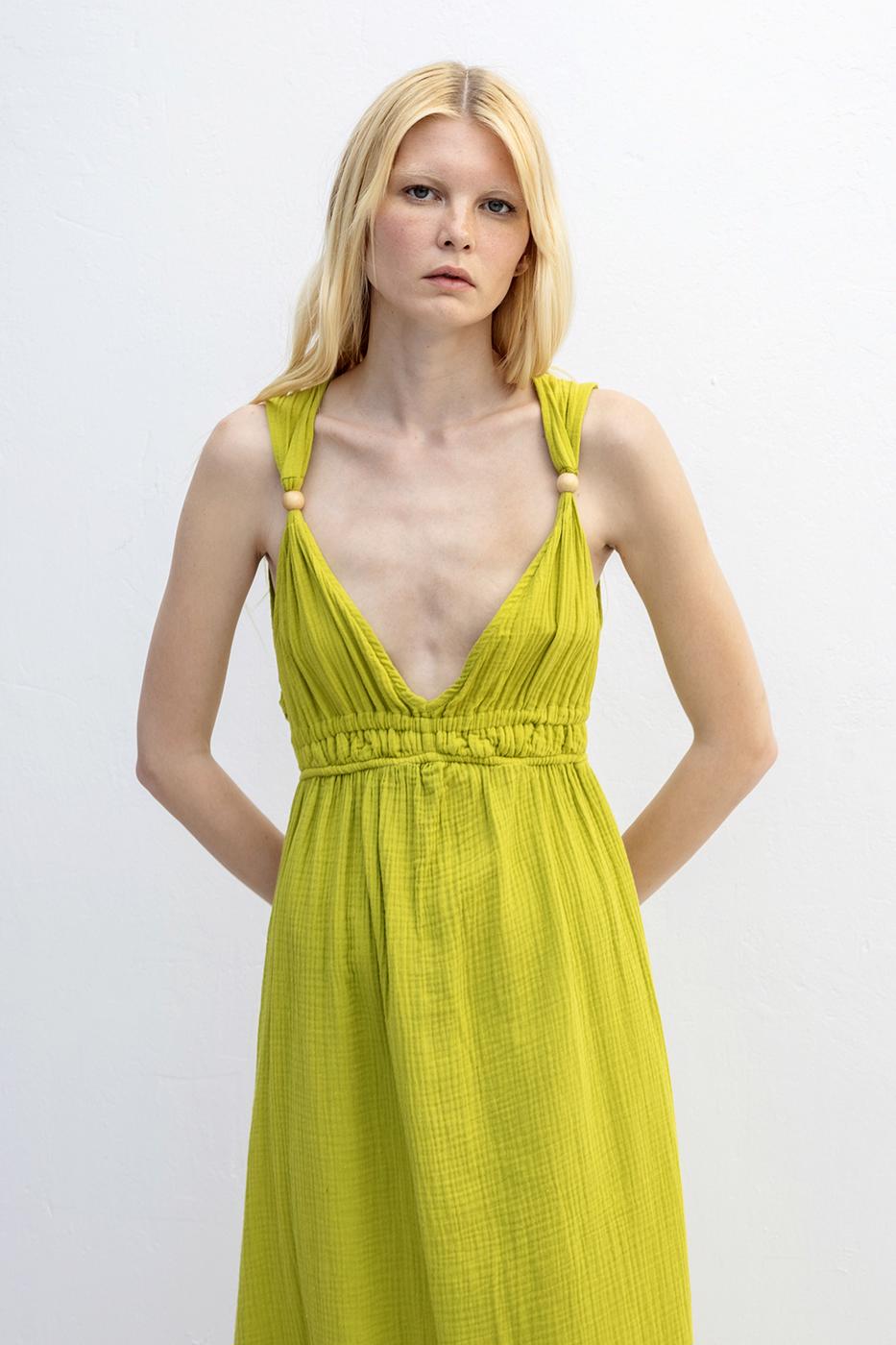 Strappy V-Neck Cotton Midi Dress Olive