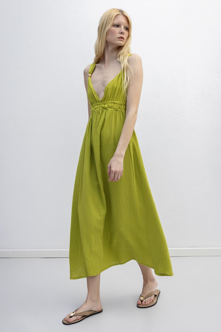 Strappy V-Neck Cotton Midi Dress Olive