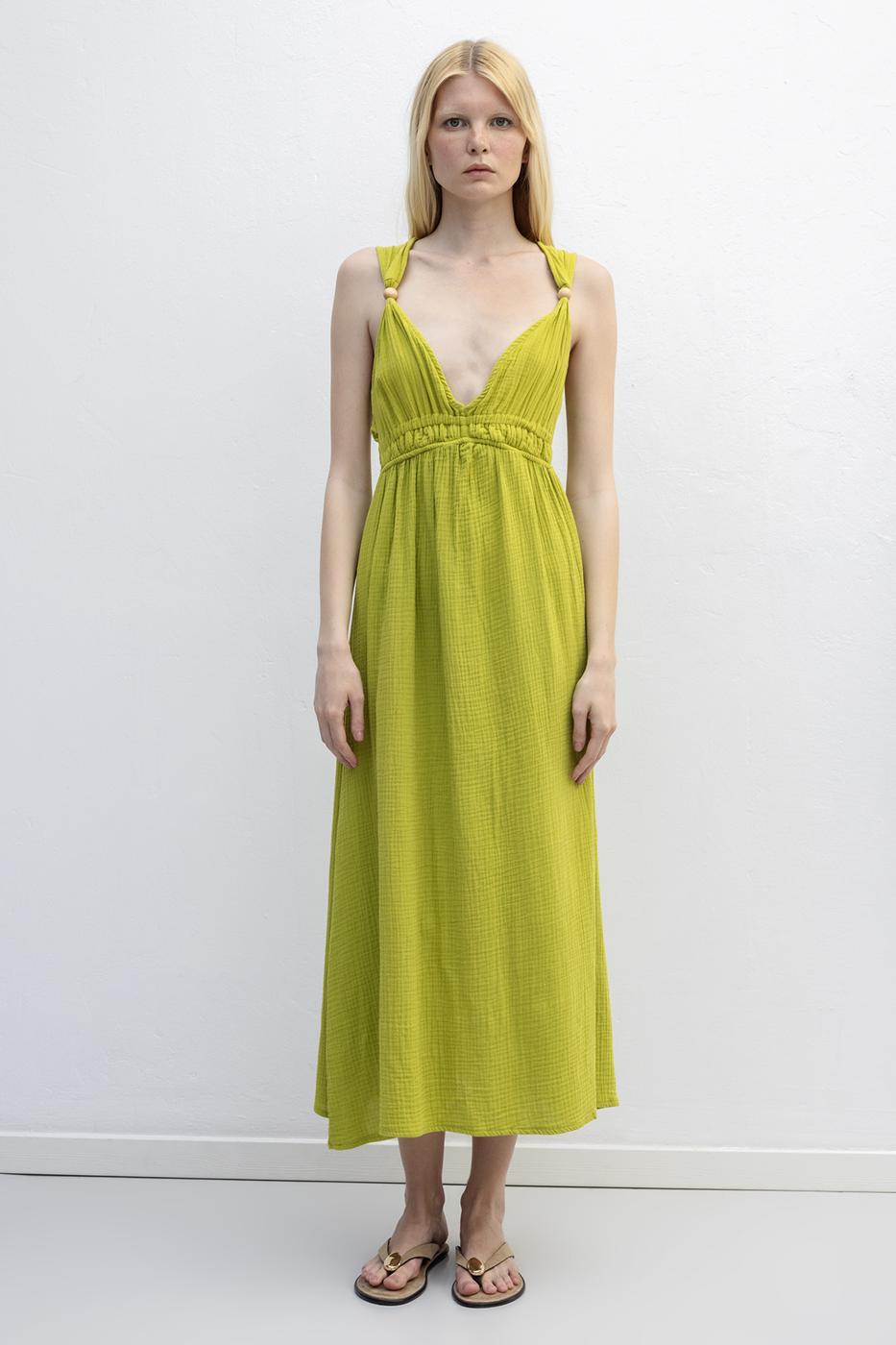 Strappy V-Neck Cotton Midi Dress Olive