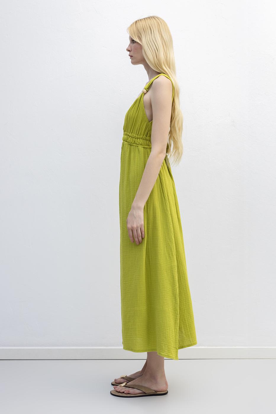 Strappy V-Neck Cotton Midi Dress Olive