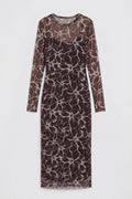 Lined Tulle Slim Fit Midi Dress Brown