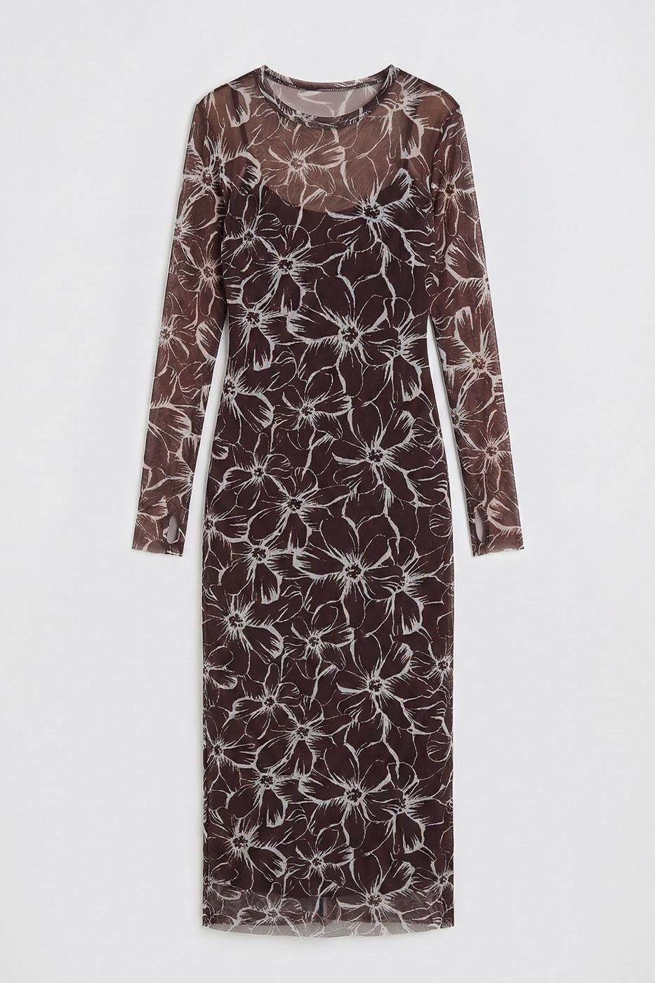 Lined Tulle Slim Fit Midi Dress Brown