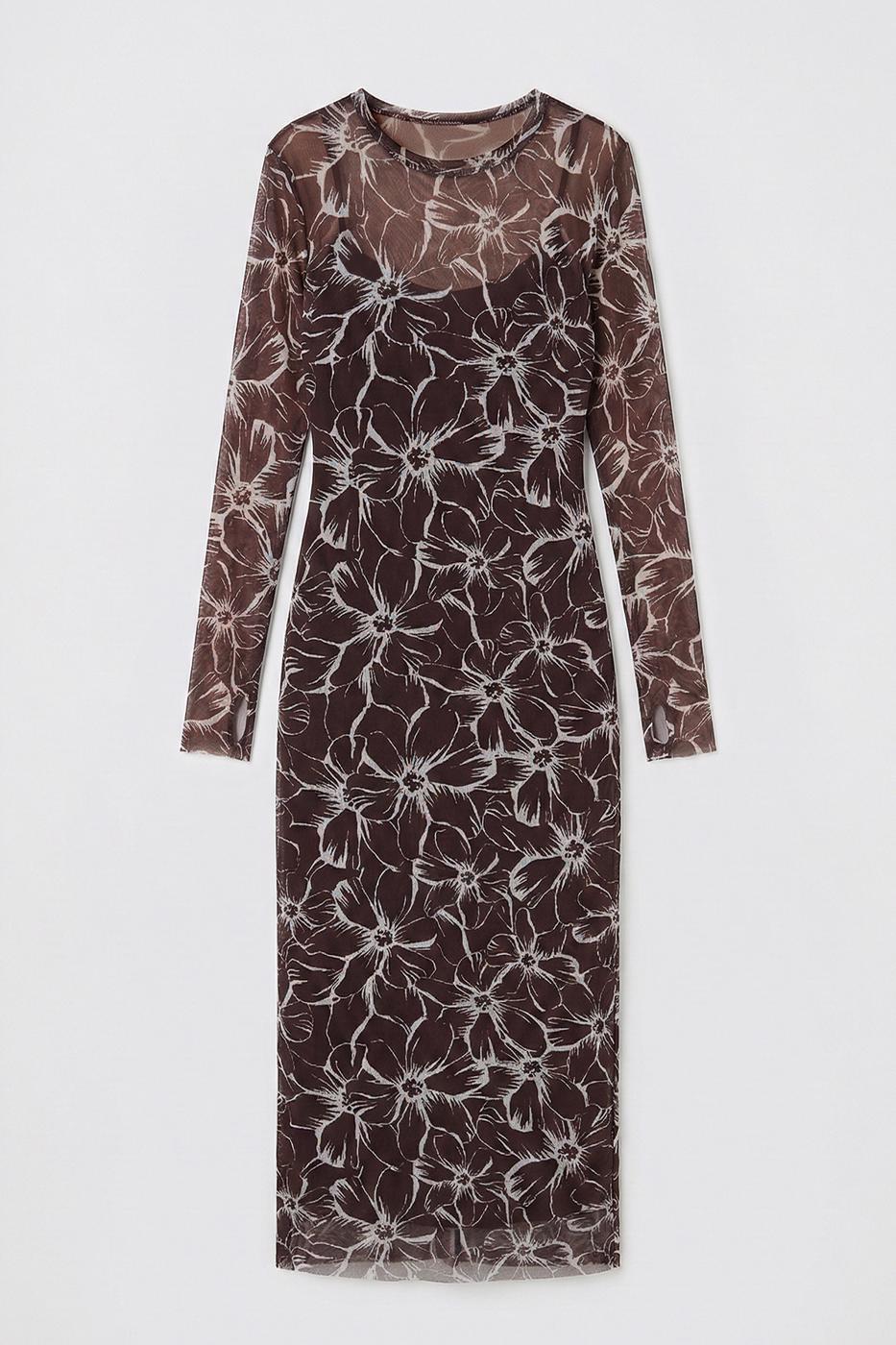 Lined Tulle Slim Fit Midi Dress Brown