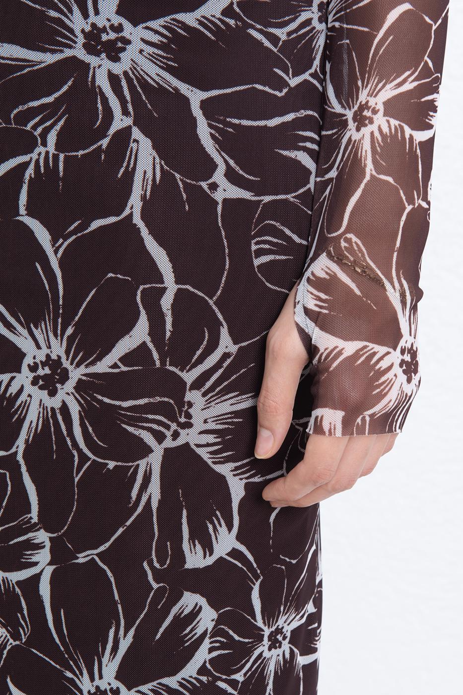 Lined Tulle Slim Fit Midi Dress Brown