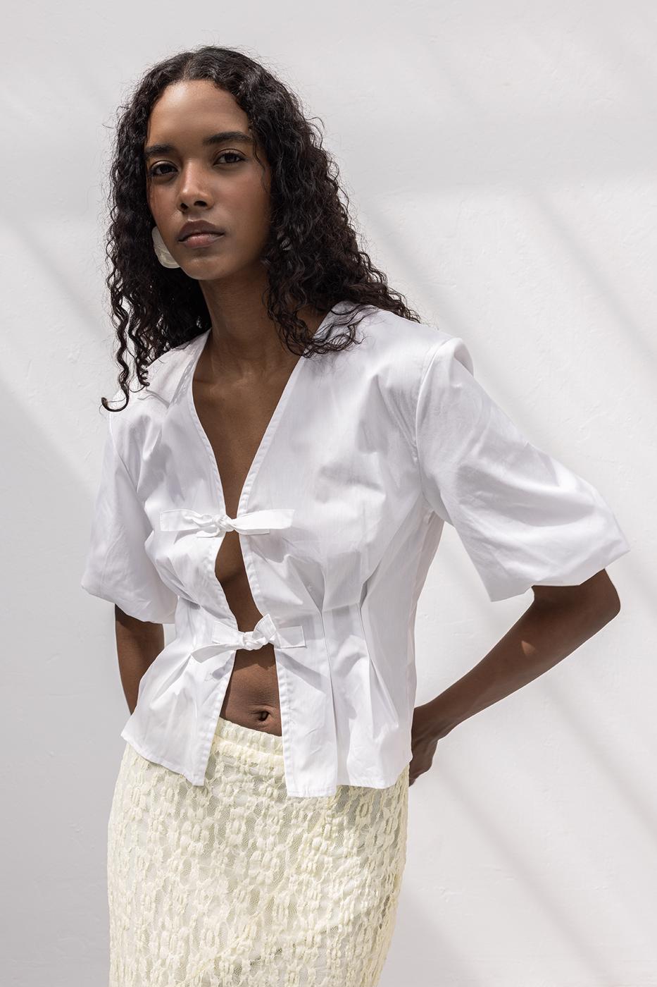 Poplin Blouse with Tie Detail White