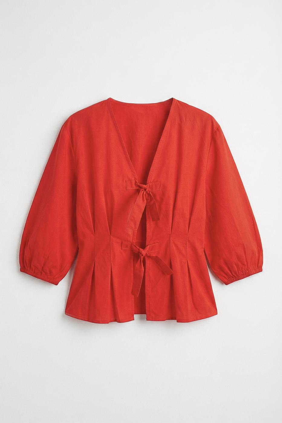Poplin Blouse with Tie Detail Red