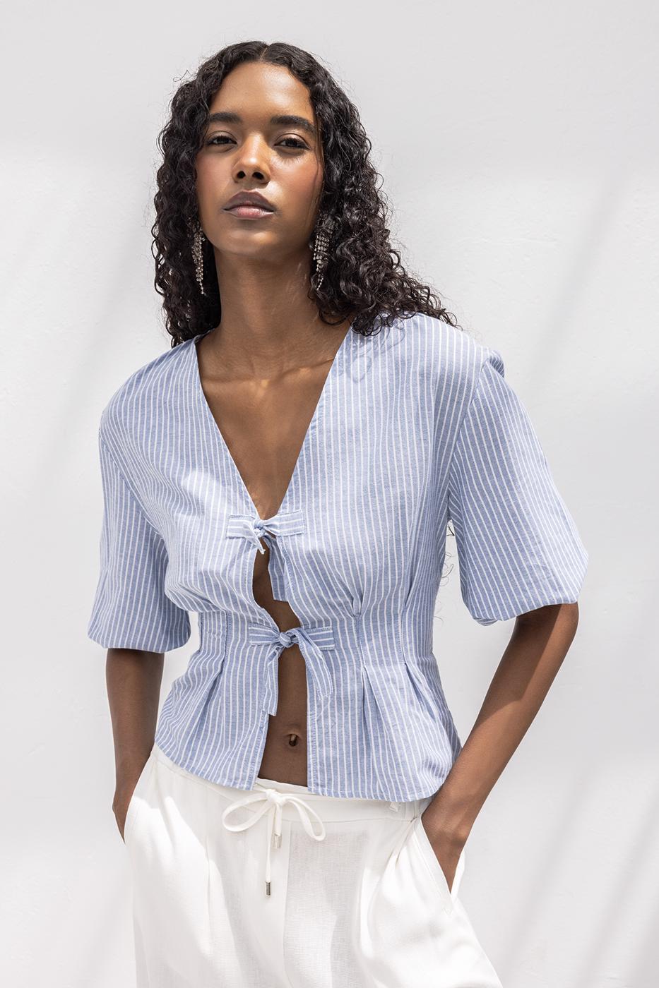 Poplin Blouse with Tie Detail Blue