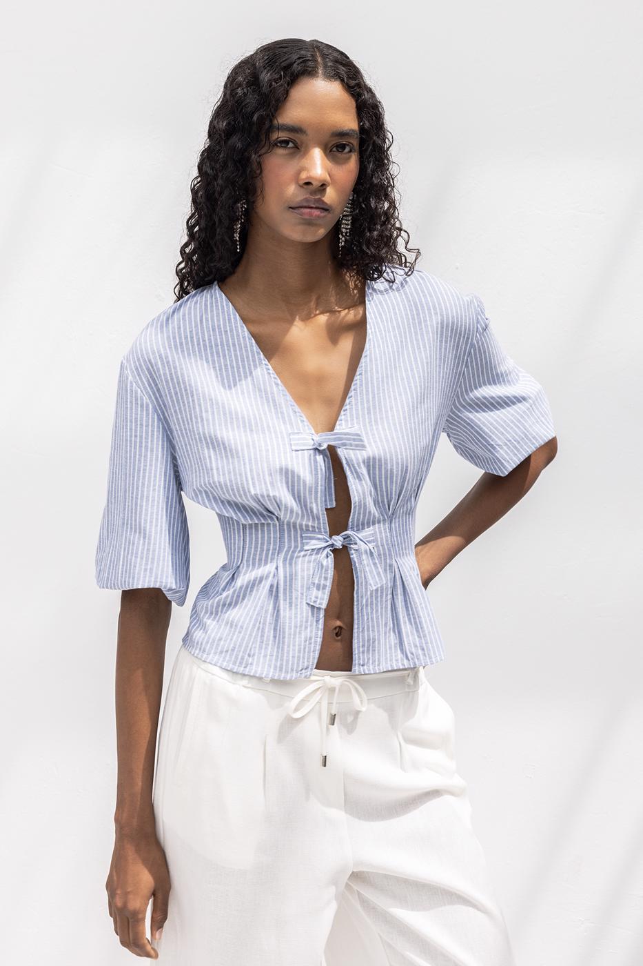 Poplin Blouse with Tie Detail Blue