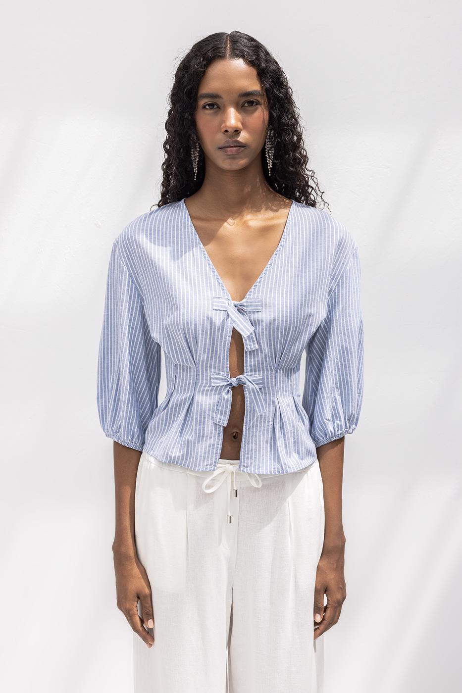 Poplin Blouse with Tie Detail Blue