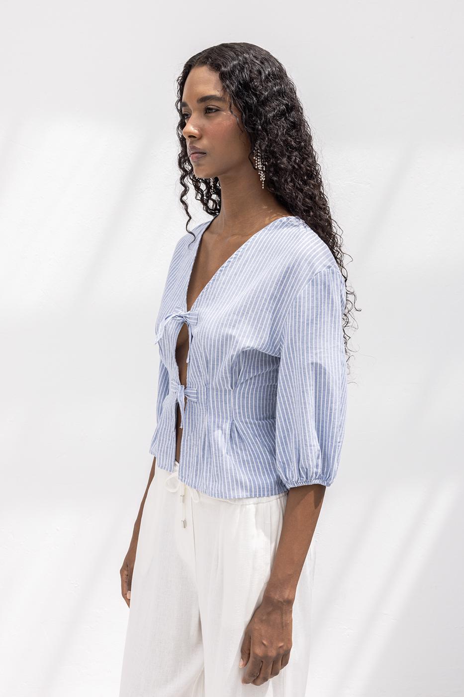 Poplin Blouse with Tie Detail Blue