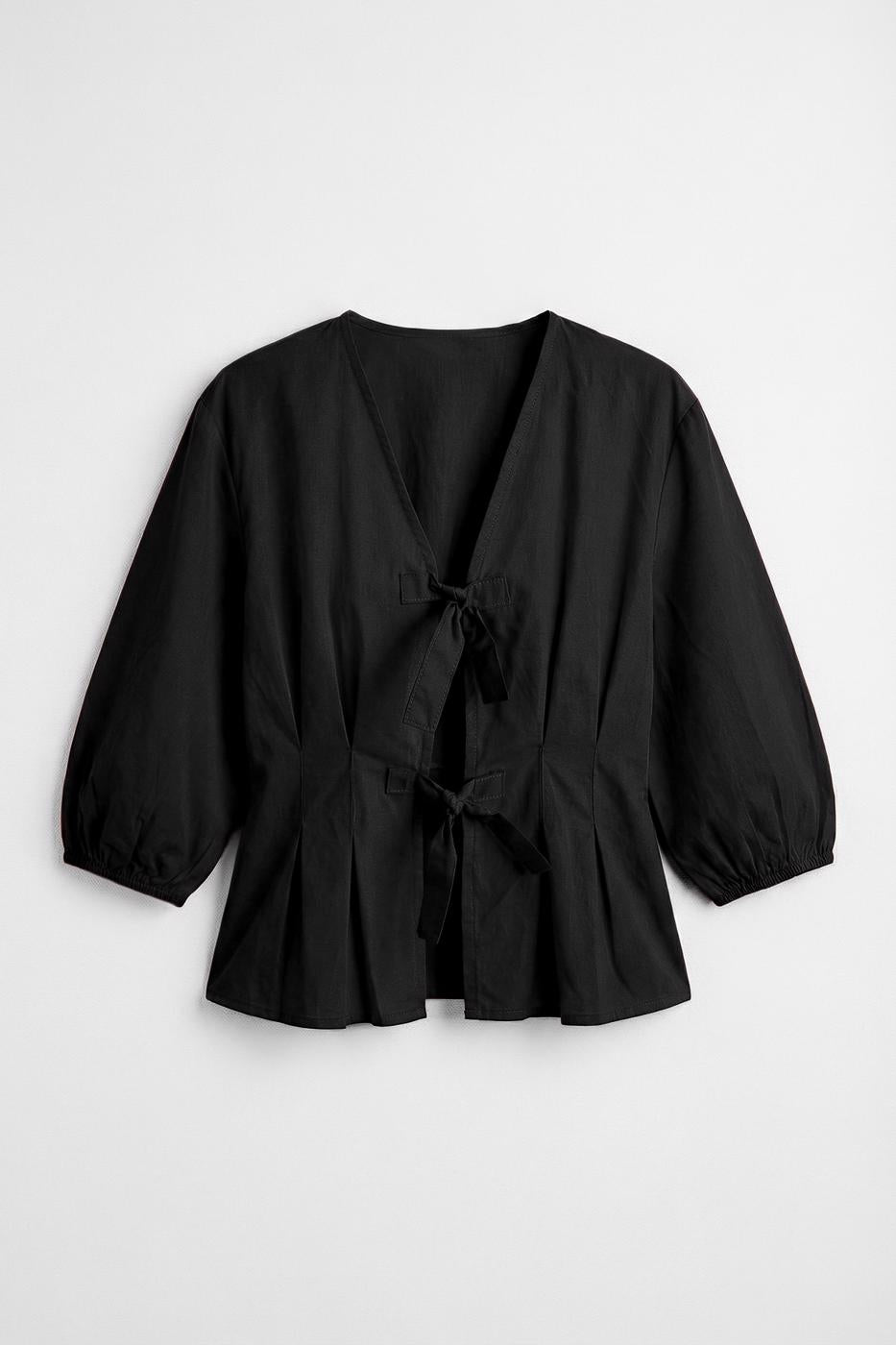 Poplin Blouse with Tie Detail Black