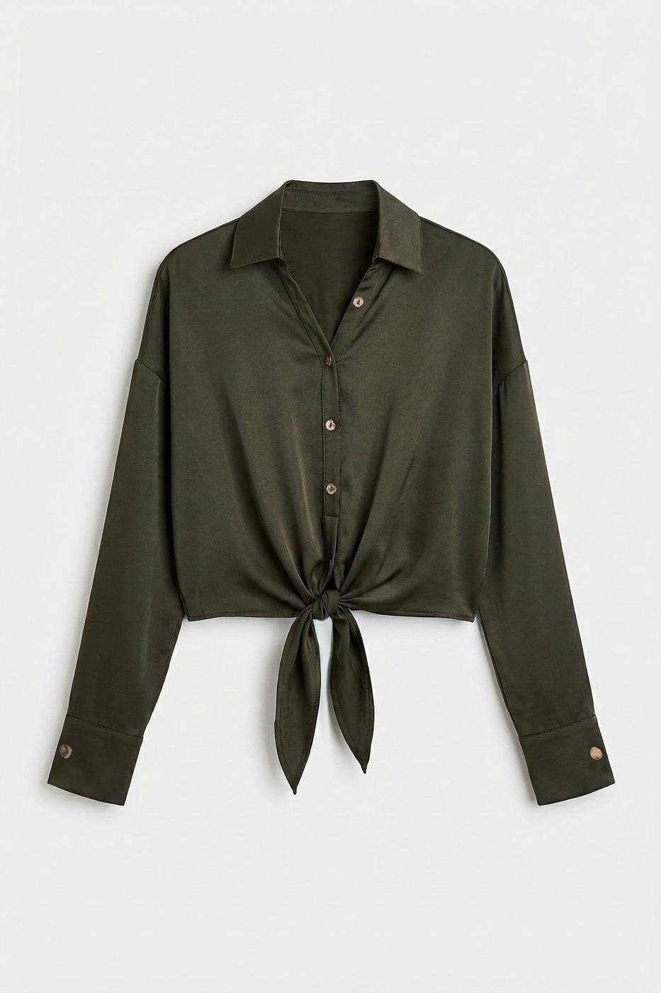 Tie-up Satin Blouse Khaki