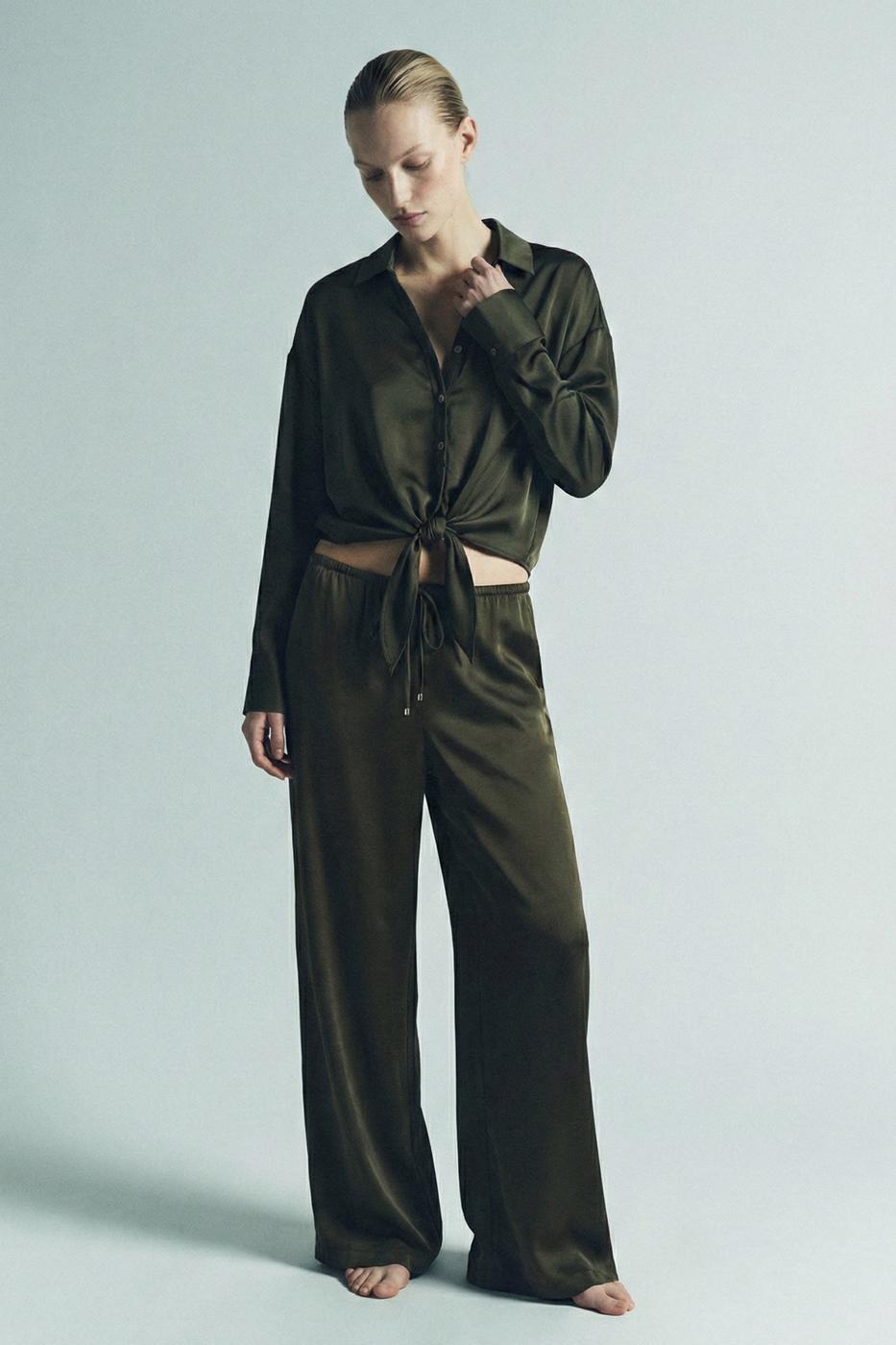 Tie-up Satin Blouse Khaki