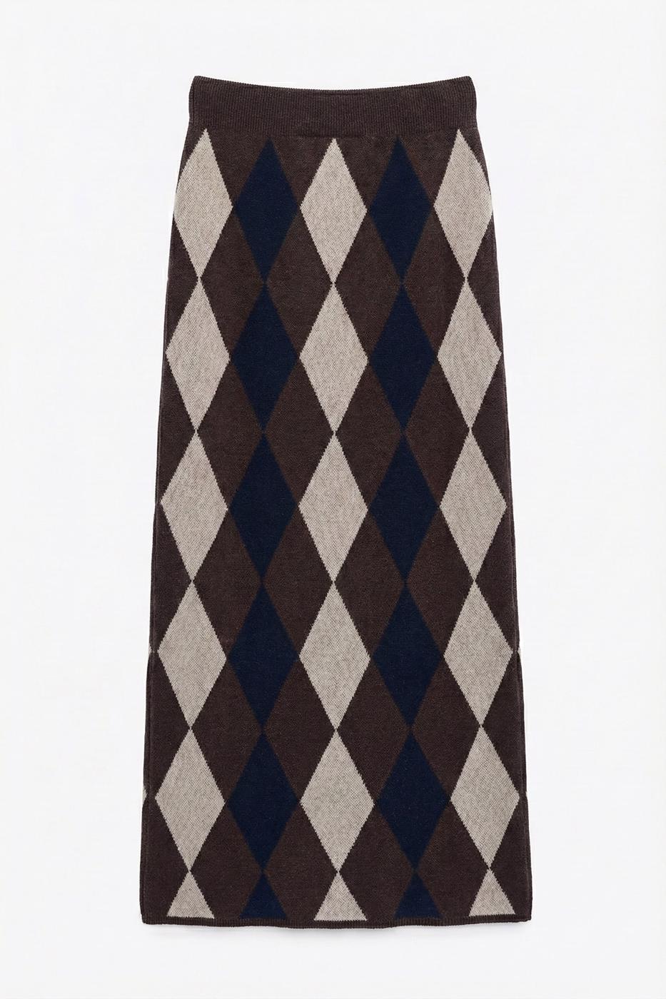 Baklava Patterned Midi Pencil Knit Skirt Brown