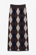 Baklava Patterned Midi Pencil Knit Skirt Brown