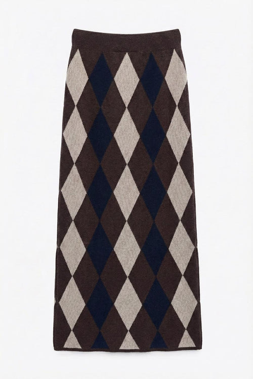 Baklava Patterned Midi Pencil Knit Skirt Brown