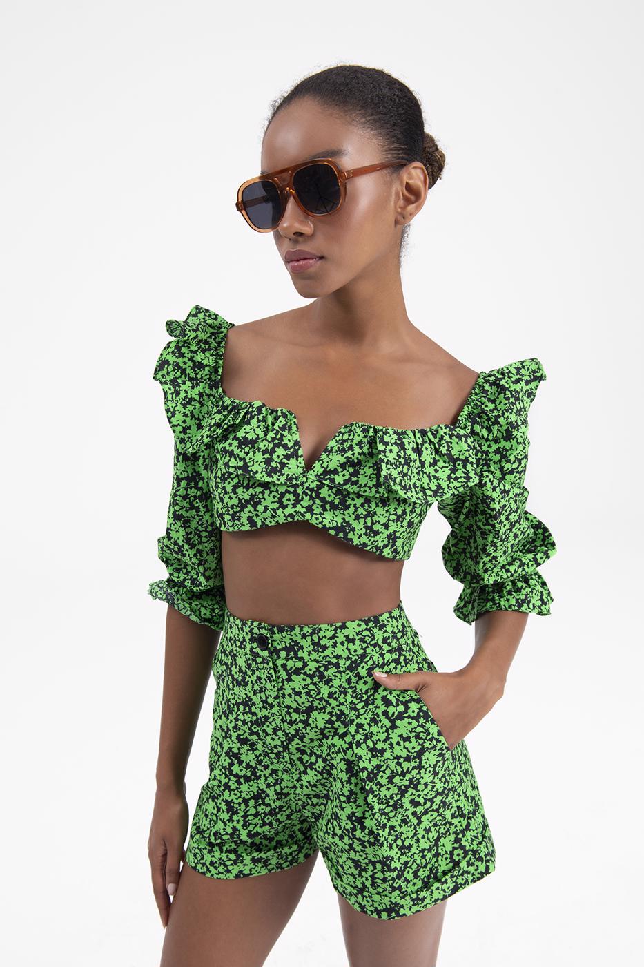 3/4 Flounced Sleeve Crop Top