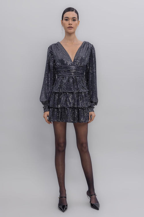 Balloon Sleeve Sequined Mini Dress Black