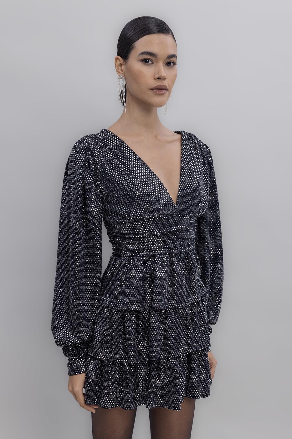 Balloon Sleeve Sequined Mini Dress Black