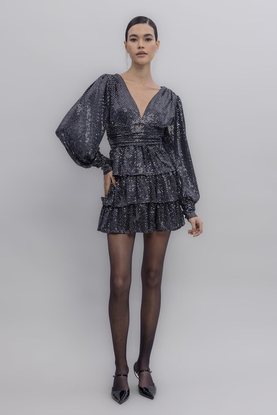 Balloon Sleeve Sequined Mini Dress Black