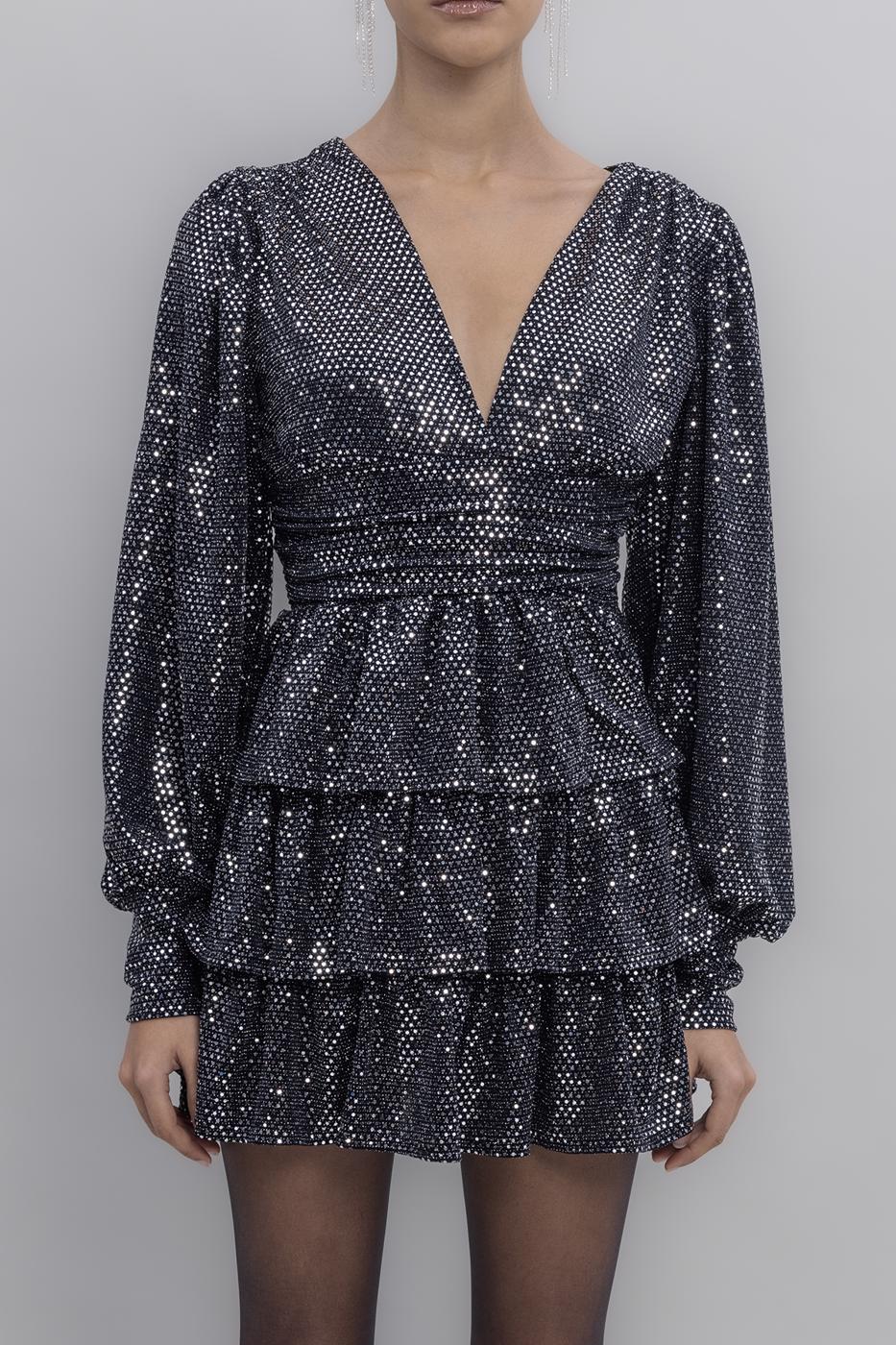 Balloon Sleeve Sequined Mini Dress Black